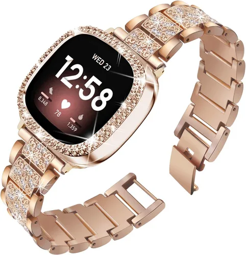 Miniatura 6 de Correa de reloj brillante compatible con Fitbit Versa 4/Fitbit Sense 2 para mujer, correa ajustable de aleación de cristal con diamantes