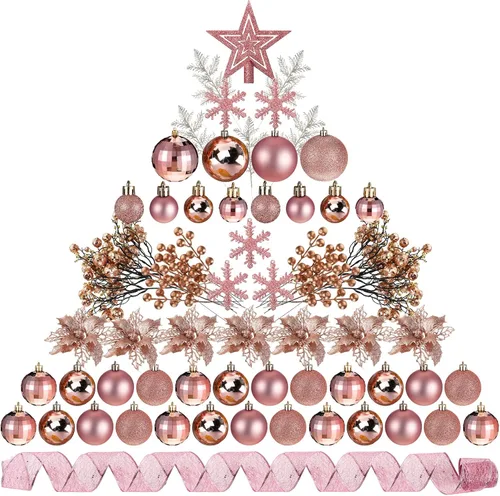 Miniatura 20 de Sratte 94 piezas de adornos para árbol de Navidad, adornos de bolas de Navidad con purpurina, flores de nochebuena, decoraciones con bayas Azul