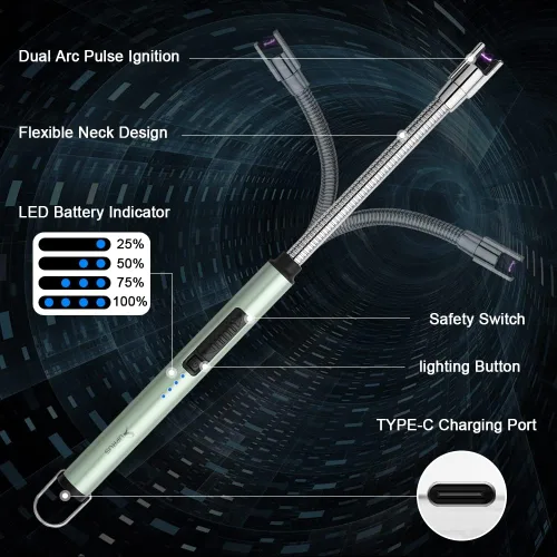 Miniatura 2 de Encendedor de vela eléctrico SUPRUS USB tipo C recargable con carcasa de acero y gancho colgante con cuello flexible de 360° (Verde)