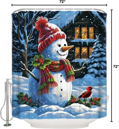 Miniatura 9 de Cortina de ducha con diseño de cardenales de muñeco de nieve para baño, casa de nieve de Navidad, pájaros rojos, lindo muñeco de nieve, sombrero