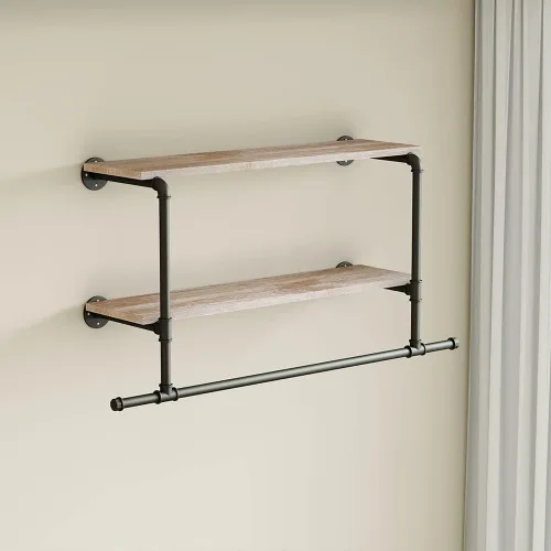 Miniatura 7 de Perchero Industrial de Tubería con Estante de Madera, Perchero de Ropa Montado en la Pared de 42 Pulgadas con Barra Colgante para la Lavandería