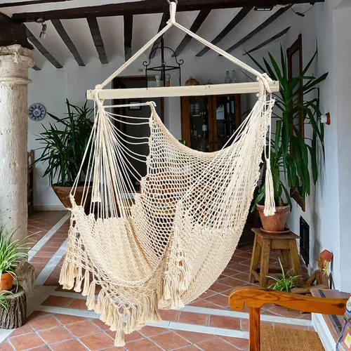 Miniatura 3 de Silla Hamaca, Máximo 330 Libras, Silla Colgante Grande, Silla Columpio de Cuerda de Algodón Suave con Varilla de Metal de Alta Capacidad de Carga