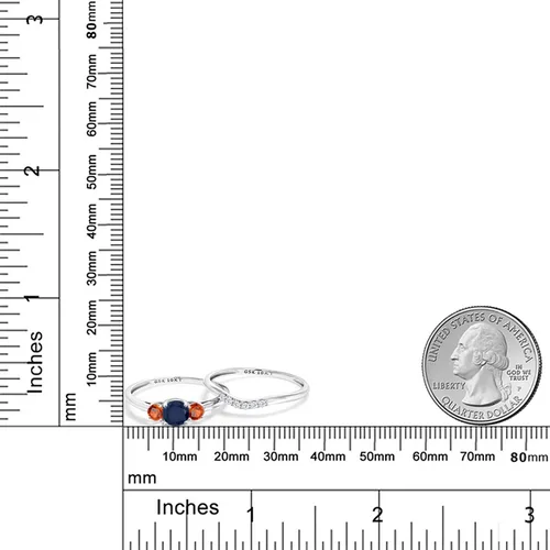 Miniatura 5 de Gem Stone King Anillo de boda de 3 piedras de oro blanco redondo de 10 quilates con zafiro azul y zafiro naranja y diamante cultivado en laboratorio