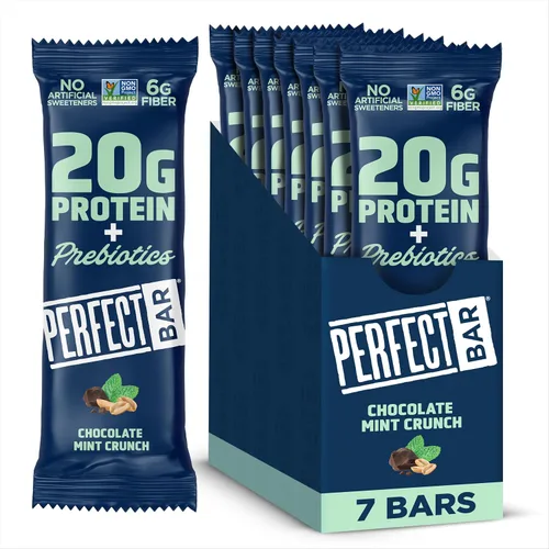 Perfect Bar Protein + Prebiotics Barra de proteína de chocolate y menta, 0.71 onzas de proteína, suero alimentado con pasto, 0.26 oz de fibra con