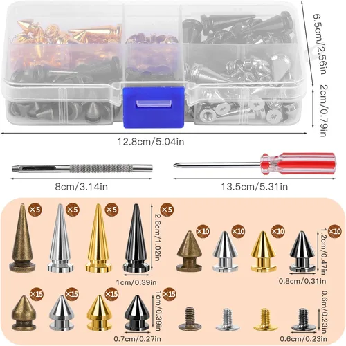 Miniatura 2 de QMNNMA Kit de 120 Juegos de Pinchos y Tachuelas Punk, Pinchos Cónicos de 4 Colores, Tachuelas Atornillables de Pinchos Metálicos de 3 Tamaños