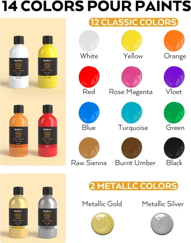 Miniatura 5 de Nicpro Kit de suministros de pintura acrílica de 14 colores, 8.45 onzas, gran volumen premezclado, juego a granel de pintura de alto flujo