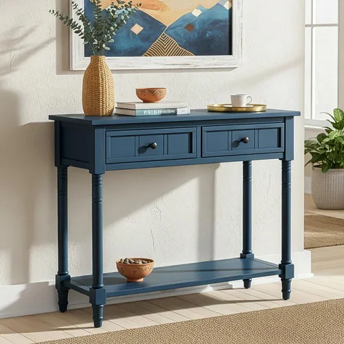 Miniatura 3 de Mesa consola vintage con 2 cajones para entrada, sofá detrás del sofá con estante de almacenamiento abierto, mesa de sofá de madera para pasillo
