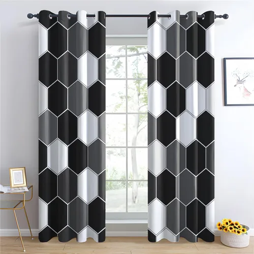 Miniatura 2 de Cortinas hexagonales blancas y negras, cortinas opacas geométricas para dormitorio, cortinas de ventana modernas, cortinas abstractas llamativas