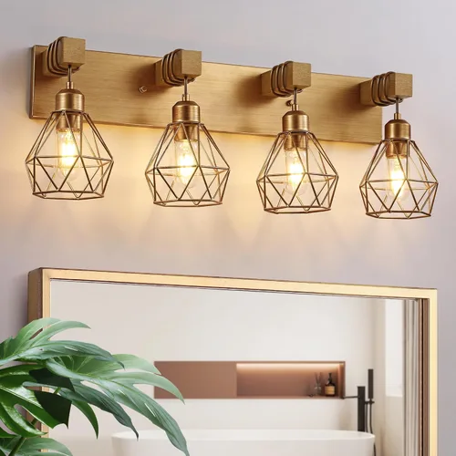 Miniatura 11 de Lámparas blancas para tocador de baño, luminarias de baño de madera de 2 luces sobre el espejo, apliques rústicos de pared con elegante pantalla