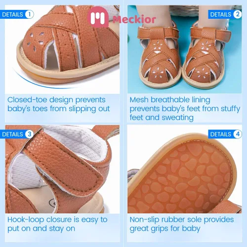 Miniatura 69 de Meckior Sandalias de verano con punta abierta y suave de piel sintética para bebés y niñas pequeñas