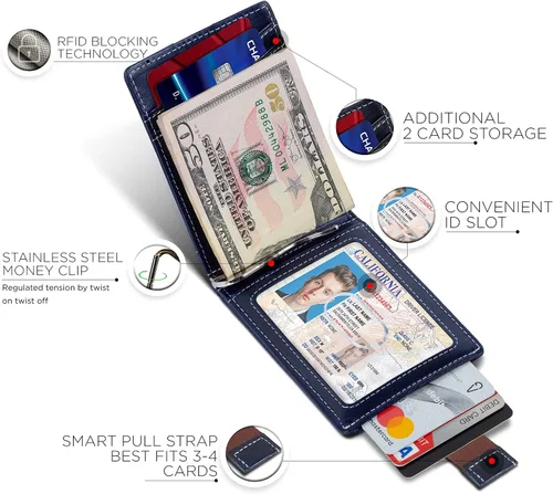 Miniatura 29 de SERMAN BRANDS - Billetera sencilla de cuero genuino con bloqueo RFID para hombre, billetera delgada con bolsillo frontal y clip para dinero