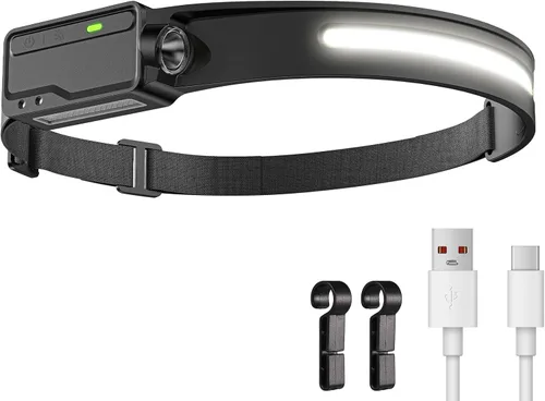 Faro LED recargable impermeable, sensor de movimiento con clips, lámpara de cabeza de haz de 230° de ancho, 6 modos, para adultos, niños,