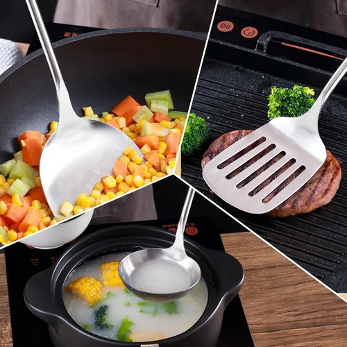 Miniatura 7 de FJNATINH Utensilios de cocina - Espátula, cucharón, cuchara espumadora, espátula ranurada - Juego de 4 utensilios de wok de acero inoxidable