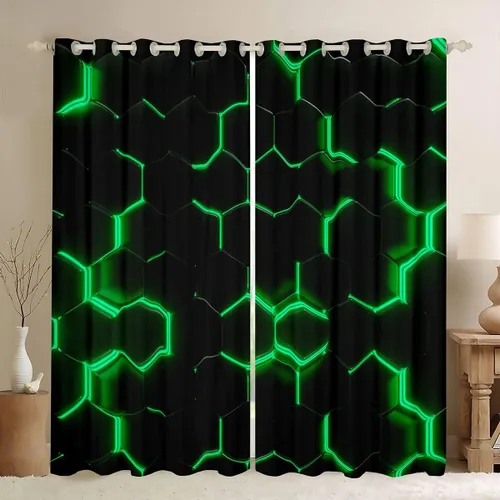 Feelyou - Cortinas de ventana en forma de panal, tema geométrico hexagonal con luces de neón verdes, para chicos adolescentes y hombres, elegante