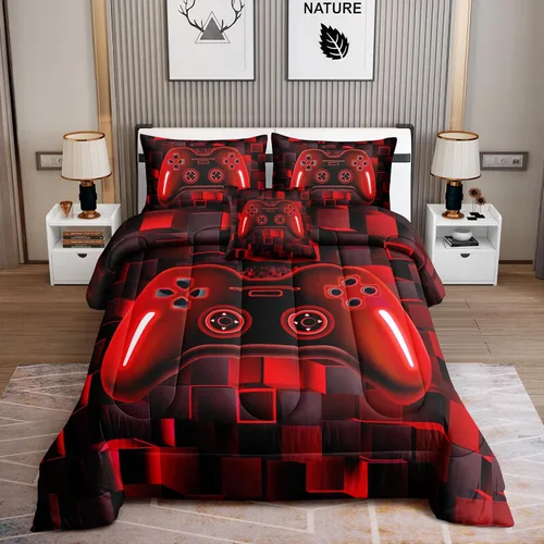 Miniatura 9 de ROWADALO Juego de ropa de cama de 5 piezas para niños, juego de edredón para jugadores en una bolsa, juego completo con edredón, sábanas, sábana