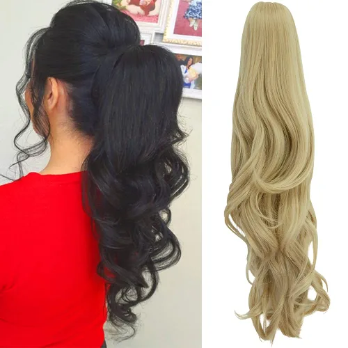 Miniatura 8 de OMGREAT Extensiones de cola de caballo largas con clip, extensiones sintéticas gruesas de 24 pulgadas para mujer, con garra de mandíbula, rubio
