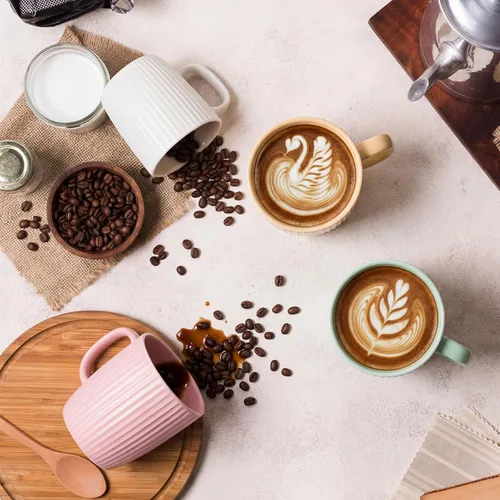 Miniatura 5 de Juego de 4 tazas de café de cerámica de 14 onzas, modernas tazas de café a rayas acanaladas con asas grandes para café con leche, té, cacao