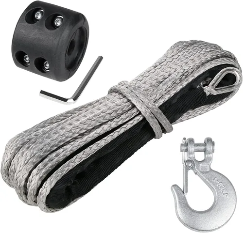Kit de cuerda de cabrestante sintética de 3/16 pulgadas, 3/16 pulgadas x 50 pies, 8500 libras de fuerza ATV línea de cuerda con gancho de acero, Gris