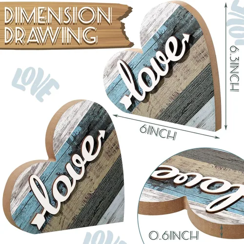 Miniatura 2 de Jetec 2 piezas de decoraciones rústicas de mesa para sala de estar, hogar, granja, centros de mesa, pequeños adornos de corazón de madera con amor