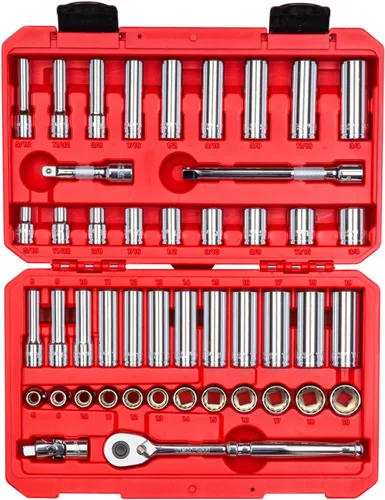 TEKTON Juego de llaves de vaso y trinquete de 12 puntos poco profundos y profundos de 3/8 pulgadas con funda, 46 piezas (5/16-3/4 pulgadas,