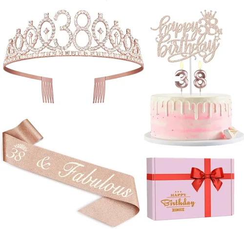 Miniatura 23 de Decoraciones de cumpleaños de 24 años para mujeres, incluyendo banda de cumpleaños, tiara/corona, velas numéricas y decoración de pastel, regalos