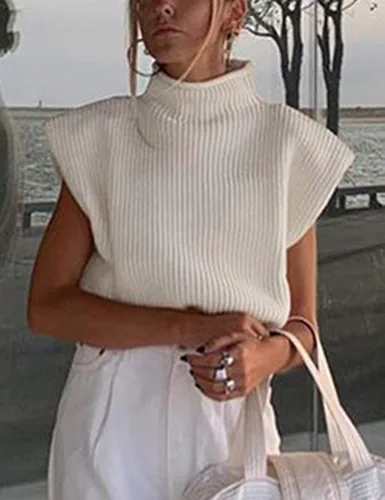 Miniatura 2 de Himosyber - Suéter de punto, unicolor y sin mangas para mujeres, chaleco elegante y elástico con cuello alto, manga casquillo