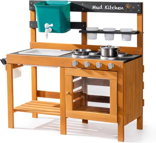 Miniatura 12 de ROBUD Cocina de Barro para Niños al Aire Libre, Cocina de Madera para Jugar al Aire Libre, Cocina de Barro para Niños con Fregadero y Grifo