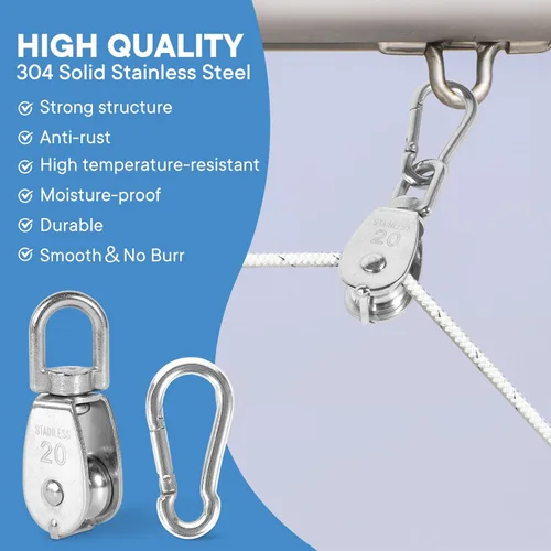 Miniatura 3 de 6 unidades de bloque de polea simple M20 de acero inoxidable 304, rueda de remolque con cable colgante, con 6 ganchos de resorte de enganche rápido