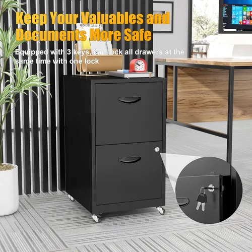 Miniatura 6 de Archivador móvil de 2 cajones con cerradura, archivadores de metal con ruedas, gabinete de almacenamiento enrollable negro, archivador vertical
