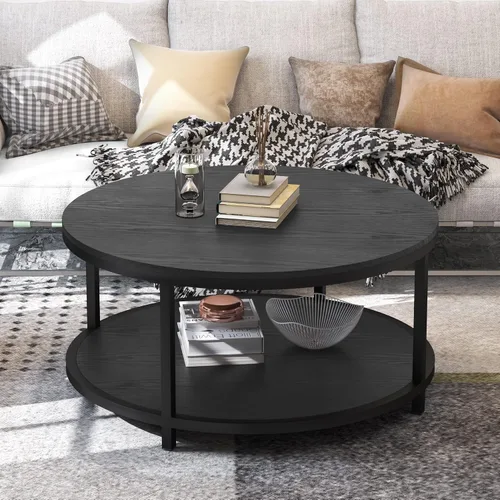 Miniatura 9 de WiberWi Mesa de Centro Redonda Negra de 35.8" Mesas de Centro Circulares para Sala de Estar Diseño Industrial Rústico con Patas de Marco de Metal
