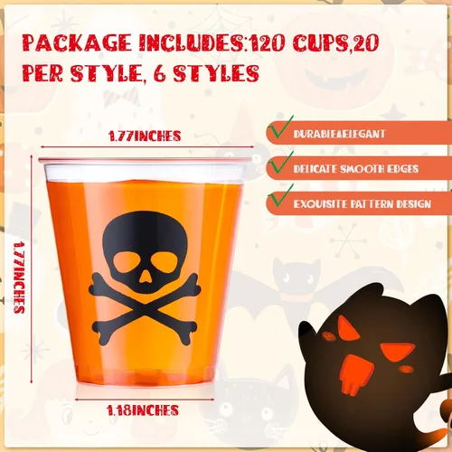 Miniatura 3 de Mumufy 120 vasos de chupito de plástico de Halloween de 1.69 onzas desechables para fiestas, vasos de calabaza y fantasmas, muestra clara, tazas