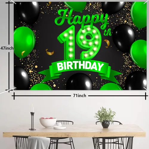 Miniatura 2 de Cartel de feliz cumpleaños 19 color verde y negro, decoración temática de globos de confeti para niñas y mujeres de 19 años, suministros
