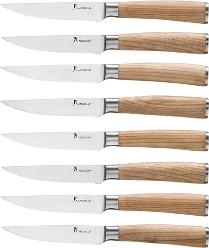 kangdelun - Juego de cuchillos para carne ultra afilados de 8 piezas, cuchillas dentadas de 4.5 pulgadas, acero inoxidable de alto carbono