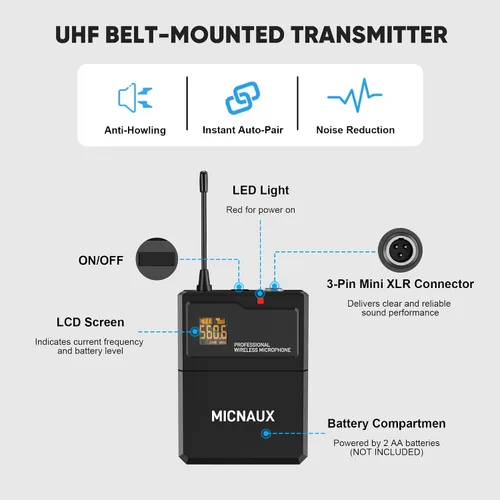 Miniatura 3 de Sistema de micrófono inalámbrico de solapa con auriculares y micrófonos Lavalier, juego de micrófonos UHF Pro de 4 canales con transmisor de paquete