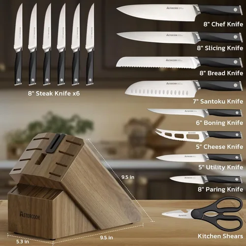 Miniatura 8 de Astercook Juego de cuchillos, juego de cuchillos de cocina con bloque y afilador, espiga completa, 17 piezas, cuchillos de acero inoxidable alemán