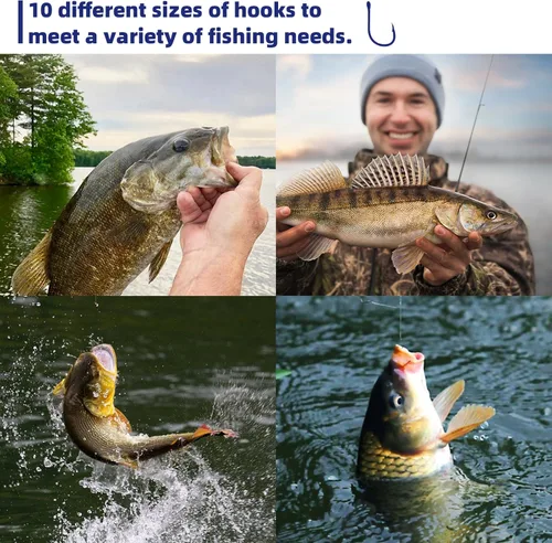 Miniatura 4 de UCEC Juego de 500 anzuelos de pesca de agua dulce y salada, acero de alto carbono, 10 tamaños diferentes, ganchos de pesca pequeños en una caja