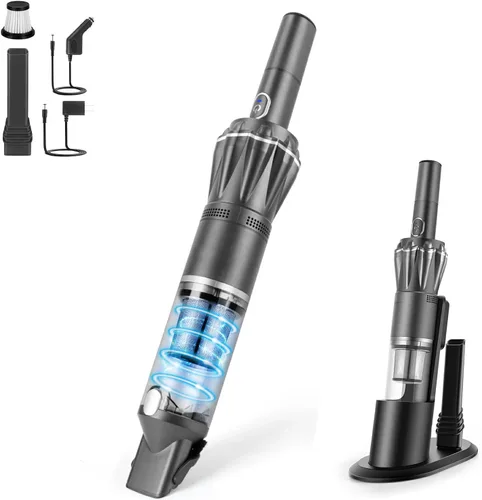 Aspiradora de mano inalámbrica de 25000 PA, súper ligera de 1 libra con potente succión, base de carga, cargador de automóvil, taza de polvo Gris