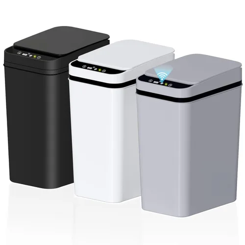 Miniatura 9 de jinligogo Paquete de 3 cubos de basura pequeños para baño con tapa, 2.6 galones, sin contacto, automático, delgado, impermeable, sensor