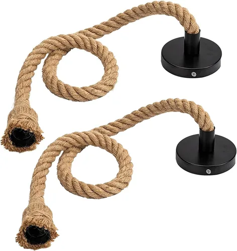 Paquete de 2 lámparas colgantes de cuerda de cáñamo, 3.7 pies, estilo granja, vintage, con enchufe E26/E27, lámpara de techo ajustable de una sola