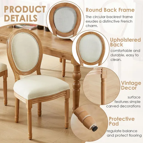 Miniatura 5 de Juego de 2 sillas de comedor francesas con respaldo redondo, sillas de comedor tapizadas de mediados de siglo con patas de madera maciza para Beige