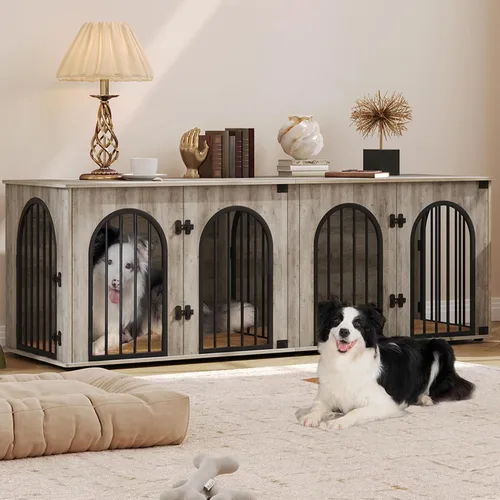 Miniatura 17 de Hzuaneri Mueble de jaula para perros de 88.4 pulgadas para 2 perros, soporte de TV para perreras de interior resistente, jaula de madera XXL