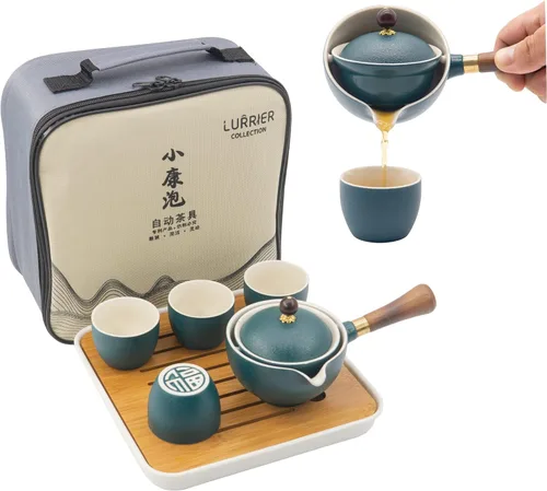 Miniatura 14 de LURRIER Juego de té chino de porcelana Gongfu, juego de tetera portátil con rotación de 360 grados, tetera y infusor, juego todo en uno portátil