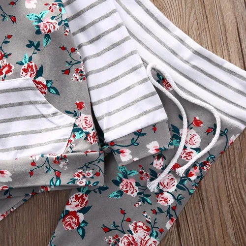 Miniatura 5 de Conjunto de dos piezas con sudadera de flores, con capucha, bolsillo y pantalones a rayas, para bebé (niña), 0-6 meses, gris