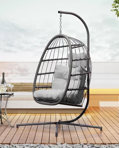 Miniatura 4 de FREDEES Silla colgante con forma de huevo con soporte, silla colgante de exterior con cojín para patio/porche/balcón/interior (Gris claro)