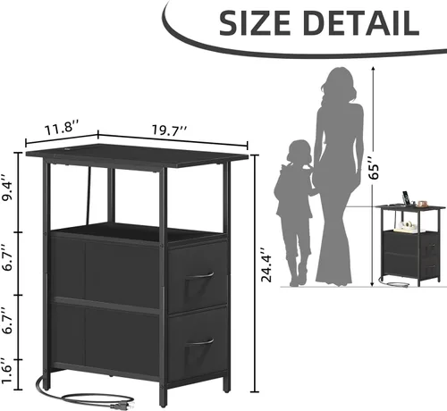 Miniatura 3 de Somdot - Mesa auxiliar con estación de carga; mesa auxiliar estrecha con 2 cajones de tela, mesita de noche delgada con almacenamiento; pequeña mesa