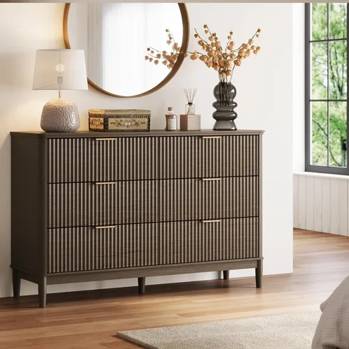 Miniatura 2 de LINSY Cómoda acanalada para dormitorio con 6 cajones, cómoda moderna de mediados de siglo con manijas de metal dorado, cómodas anchas de madera