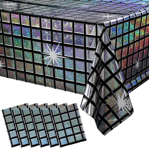 Miniatura 13 de Paquete de 8 manteles de plástico iridiscente brillantes desechables láser rectangulares, cubiertas de mesa de papel holográfico iridiscente, Rosa