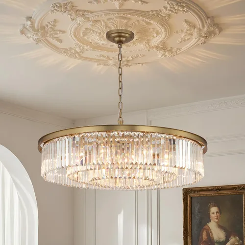 Candelabro grande de cristal moderno de lujo, lámpara de techo colgante de oro antiguo para comedor, sala de estar, 12 luces, 3 niveles con forma de