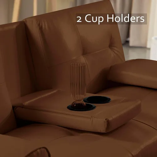 Miniatura 4 de Sofá cama tipo futón moderno de 66.5 pulgadas con patas de metal/2 portavasos, sofá biplaza tapizado plegable convertible, asiento de espuma
