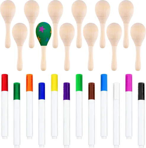 Morcheiong 12 piezas de mini maracas de madera DIY para niños con 12 piezas de rotuladores multicolores, recuerdos de maracas mexicanas de fiesta,